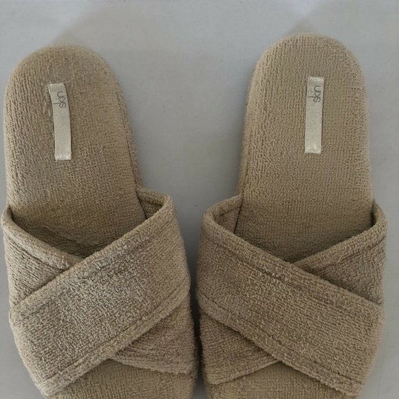 Skin The Kyoto Slides Truffle Brown Terry Criss Crossed Casual M $85 - Picture 3 of 5